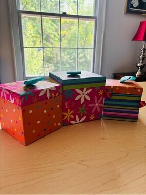 NWT Set of 3 BARBIE Pink Orange Green Blue Floral & Stripe Stacking Boxes